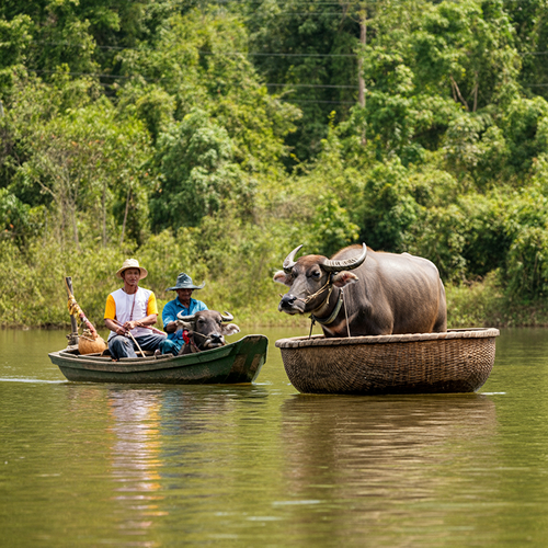Ride a buffalo and coconut basket boat
